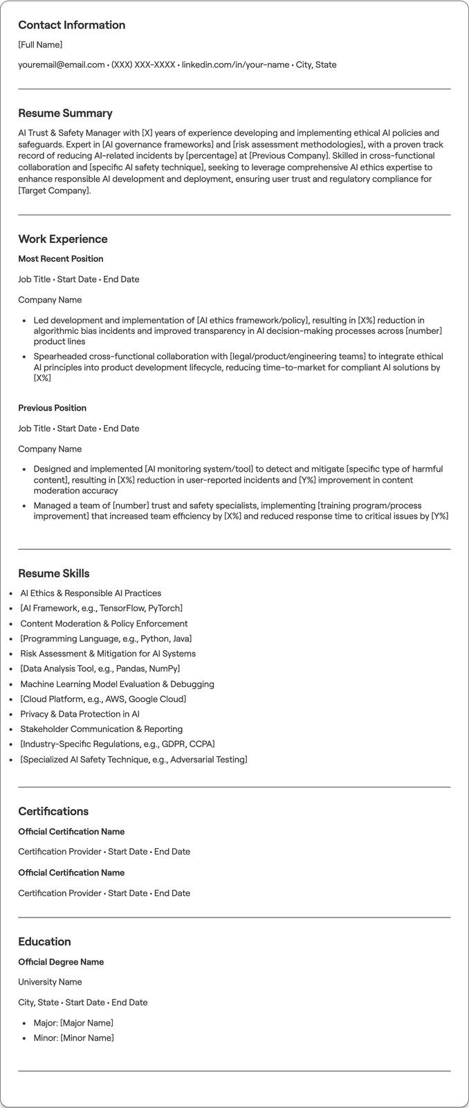 AI Trust & Safety Manager resume example