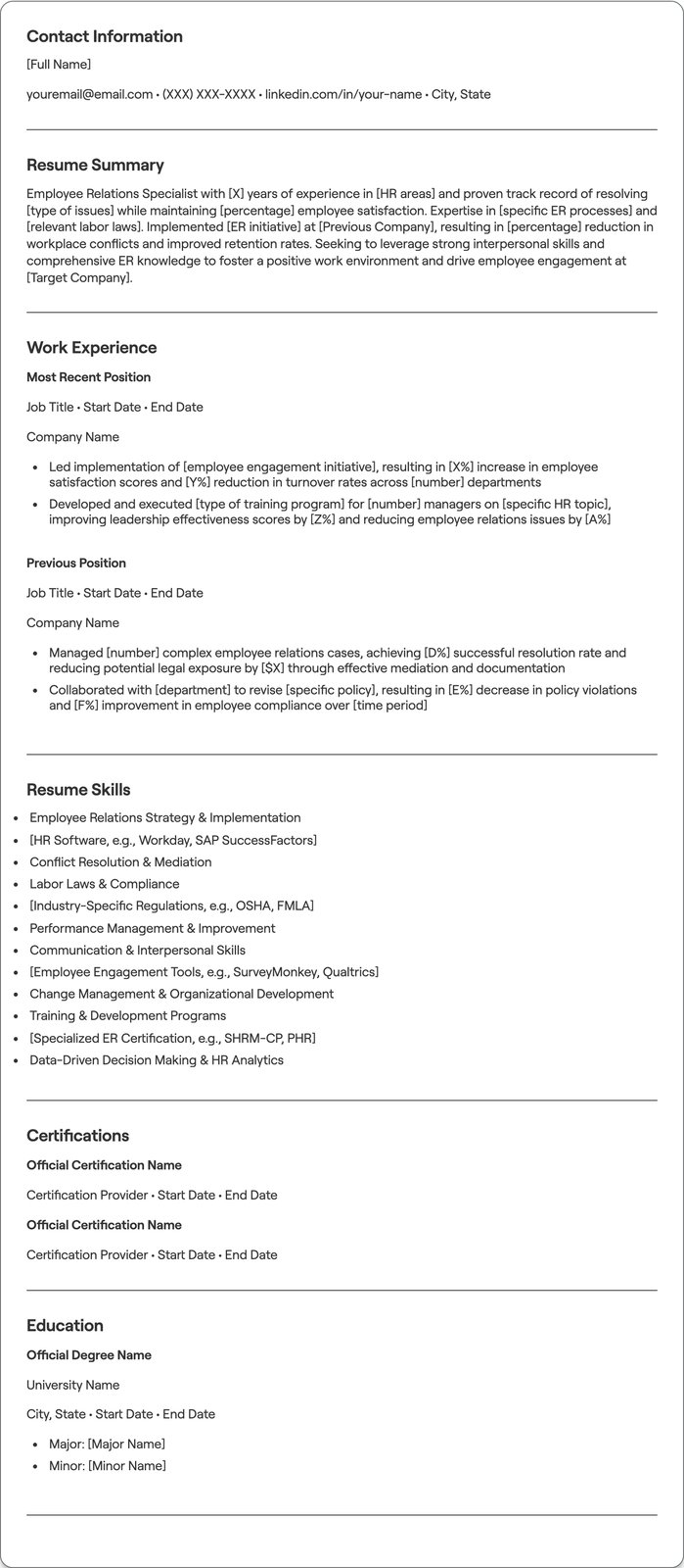 Employee Relations resume example