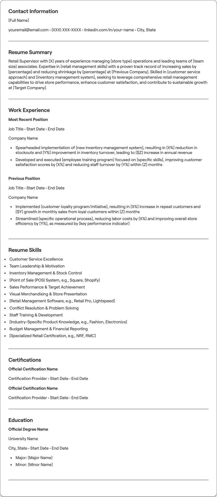 Retail Supervisor resume example