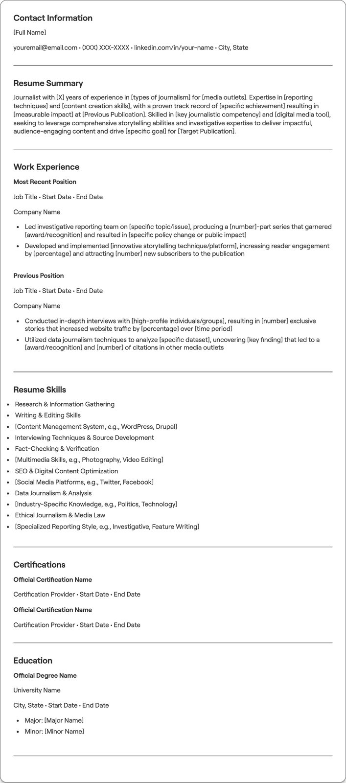 Journalist resume example