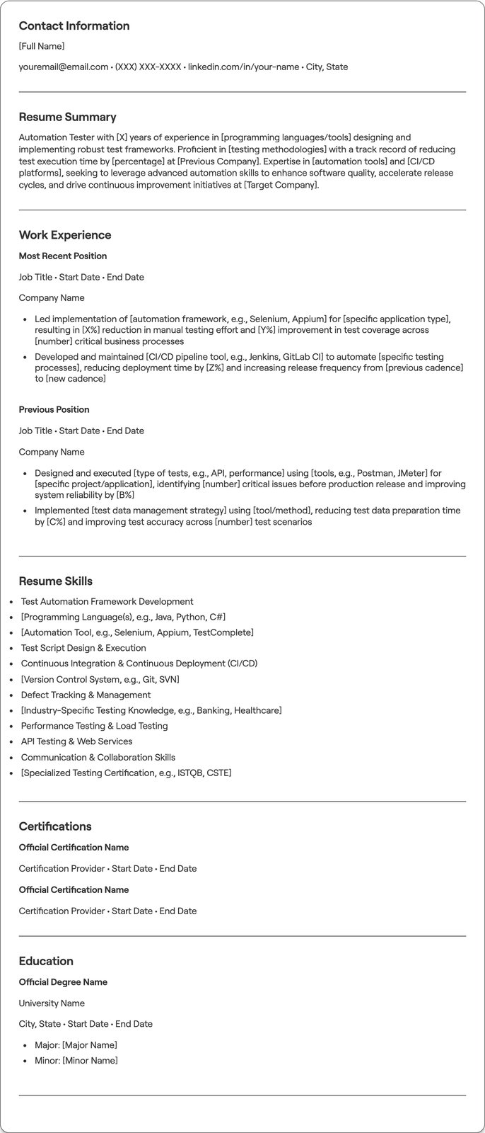Automation Tester resume example