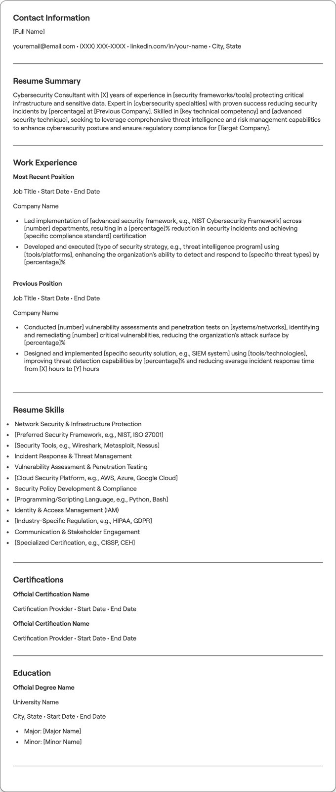 Cybersecurity Consultant resume example