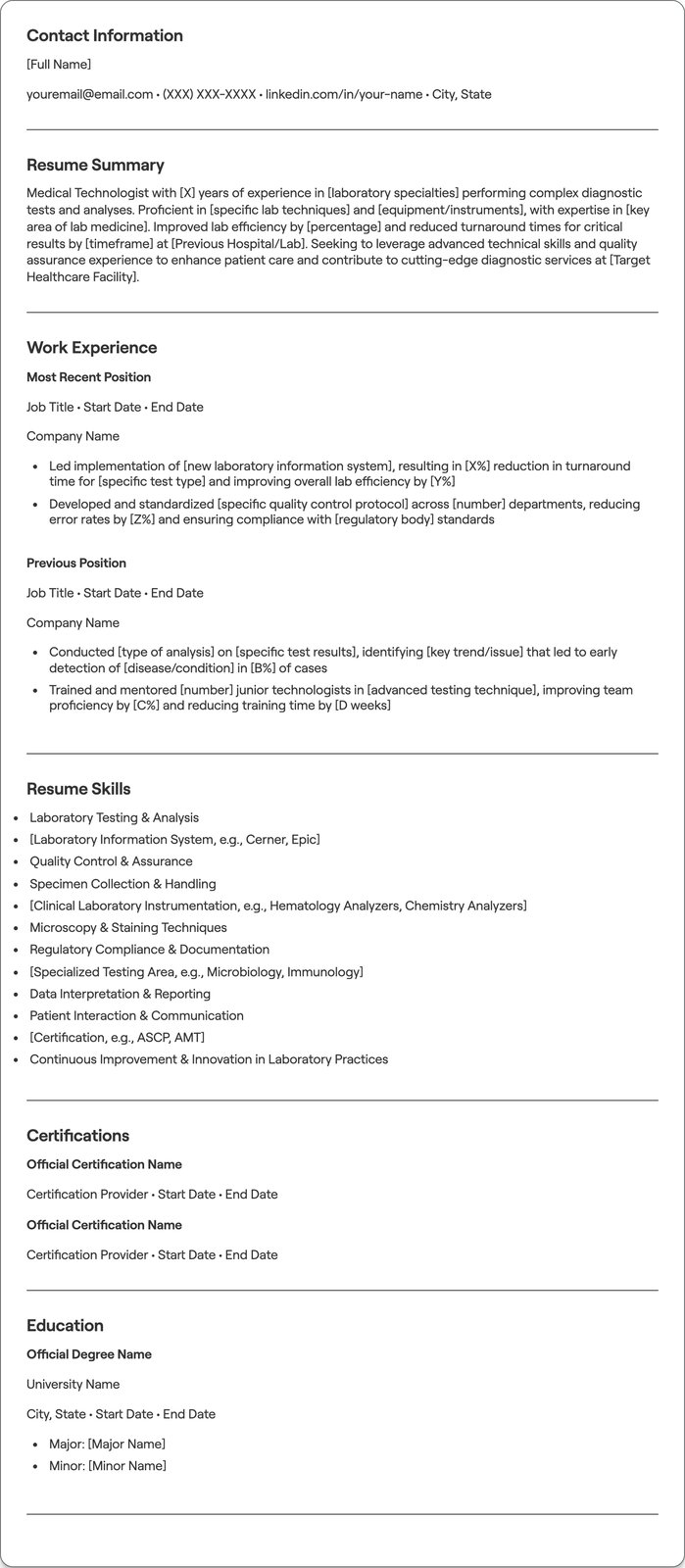 Medical Technologist resume example