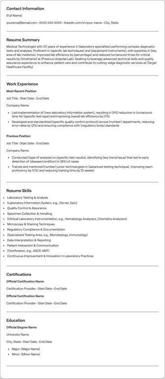 Medical Technologist resume example