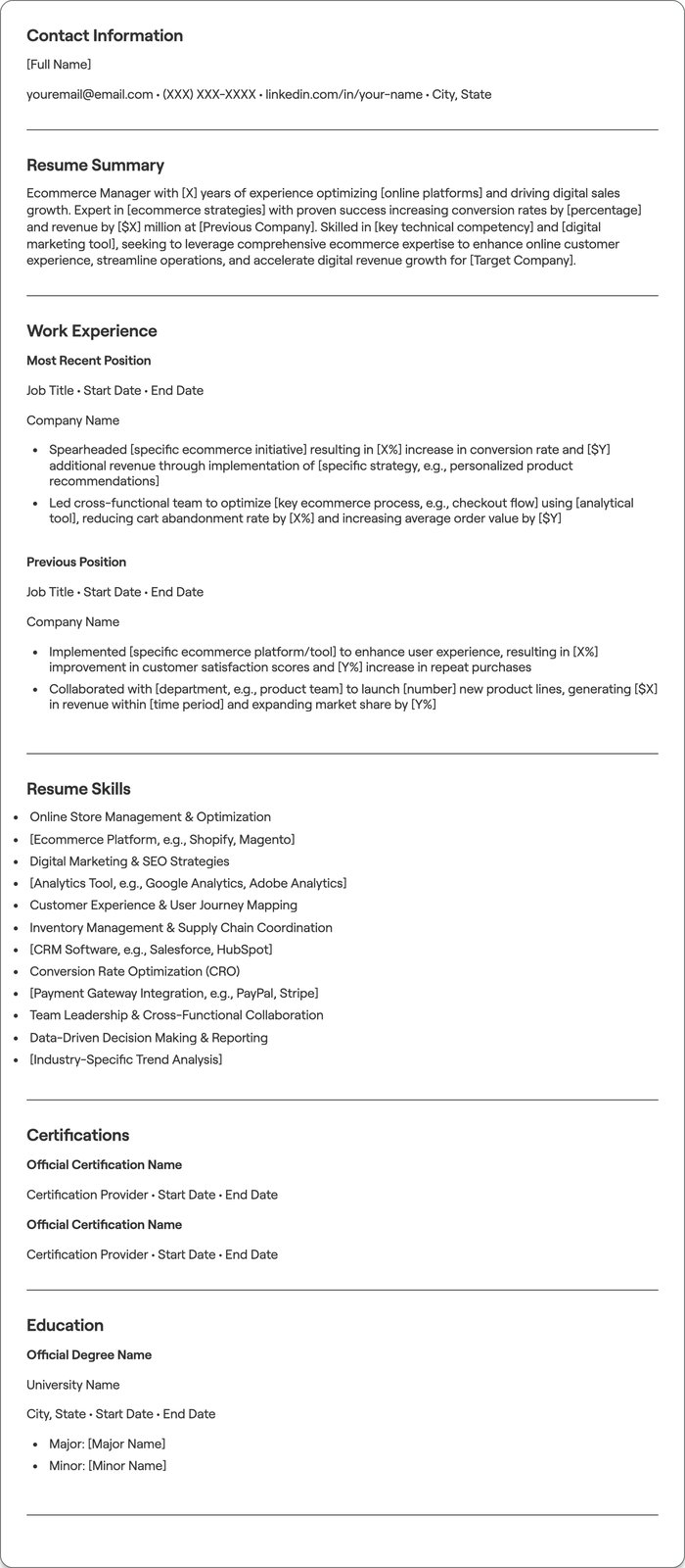 Ecommerce Manager resume example