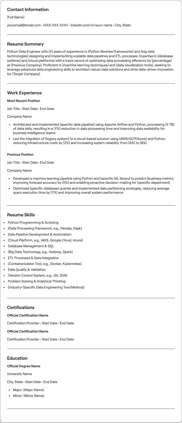 Python Data Engineer resume example