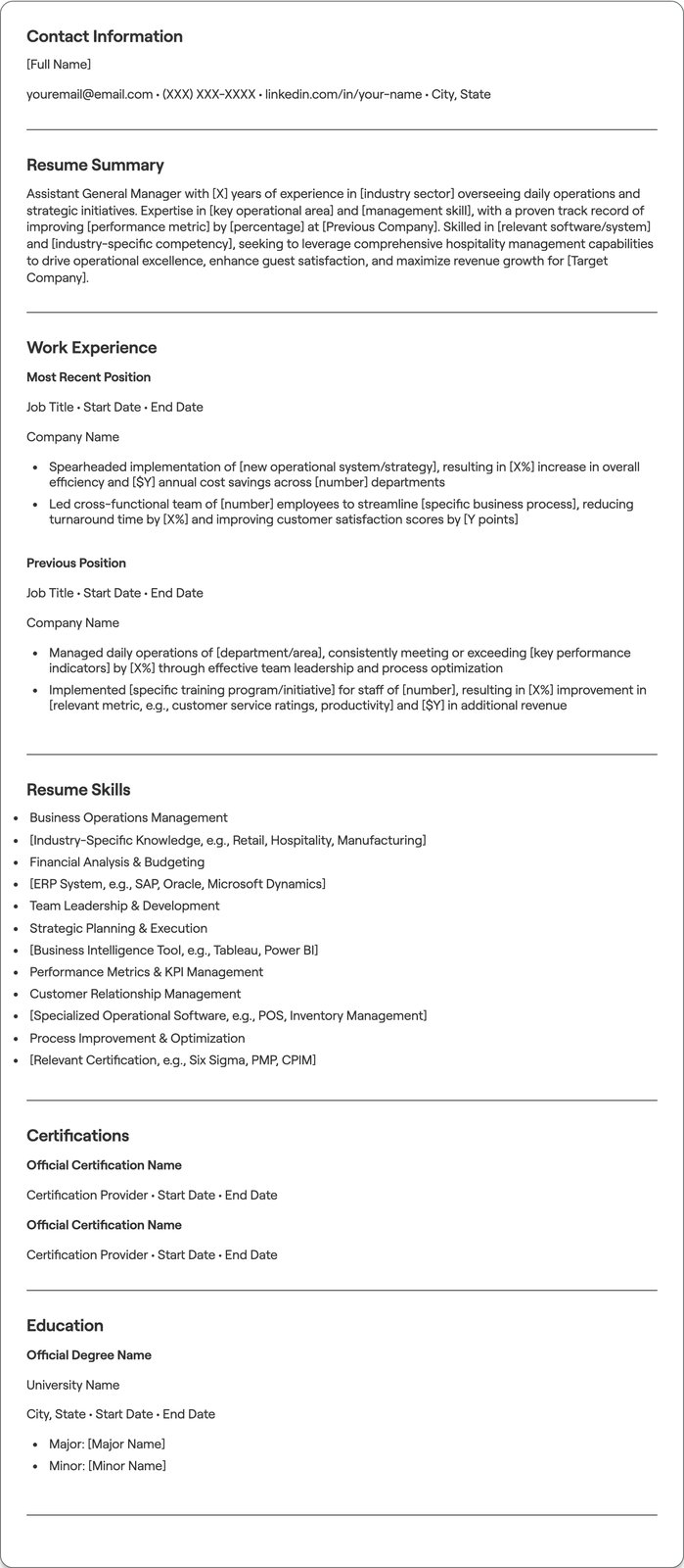 Assistant GM resume example