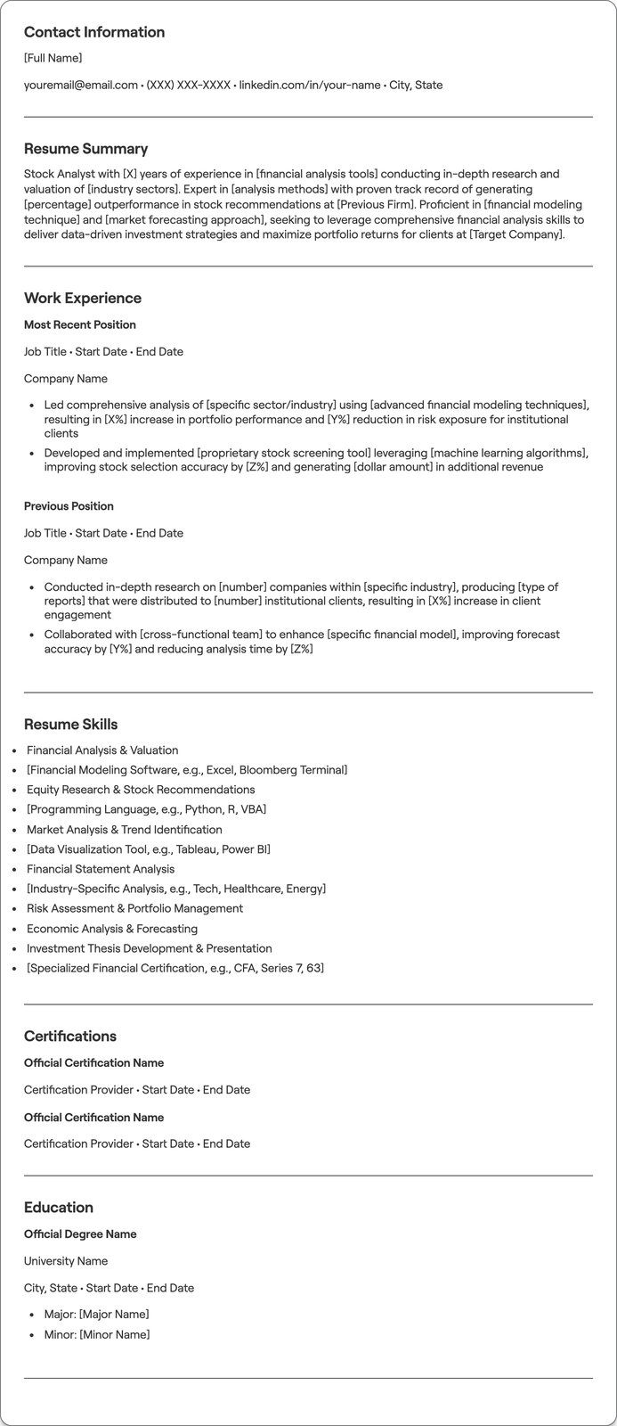 Stock Analyst resume example