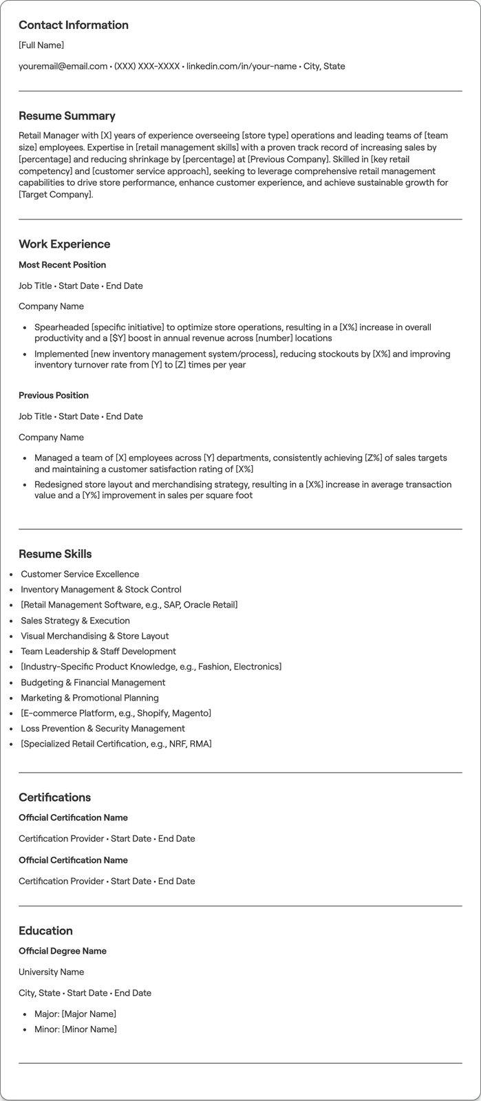 Retail Manager resume example