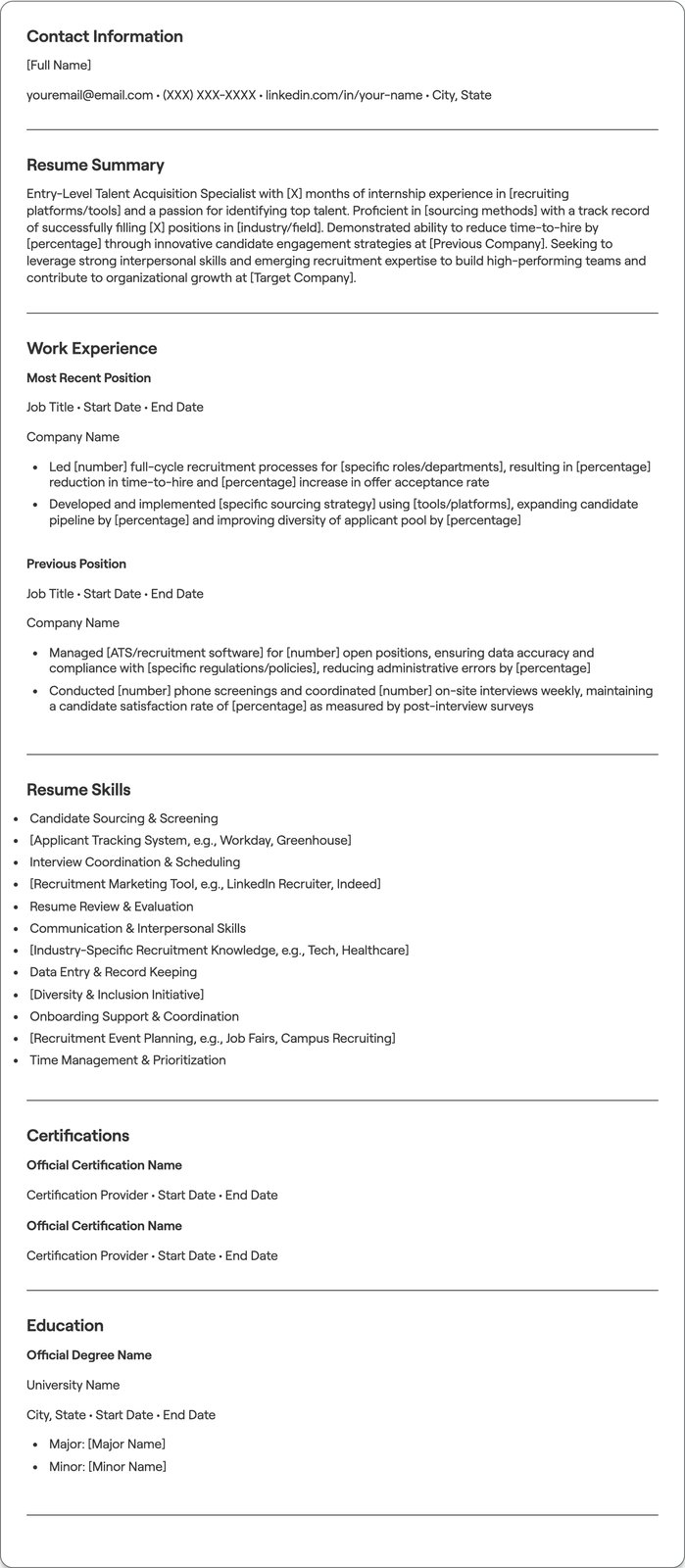 Entry Level Talent Acquisition resume example