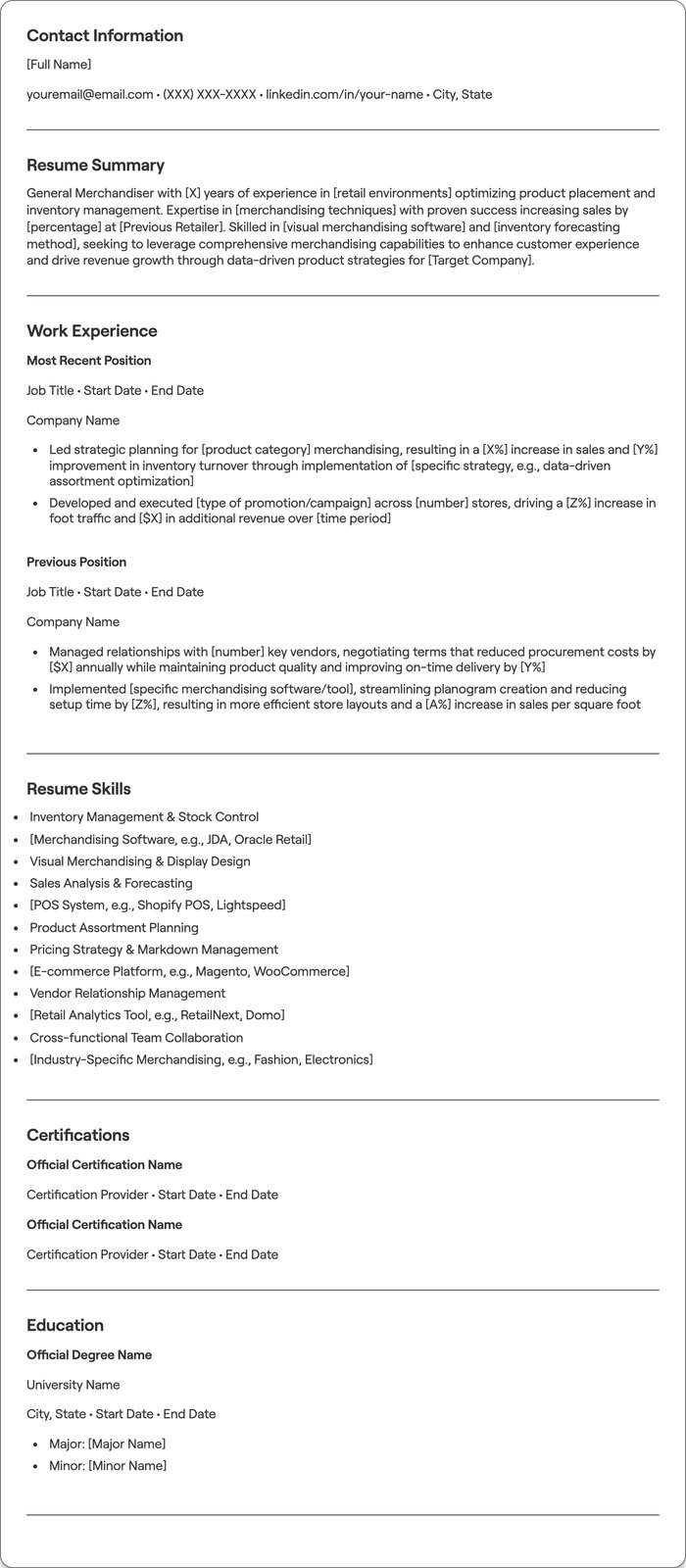 General Merchandiser resume example