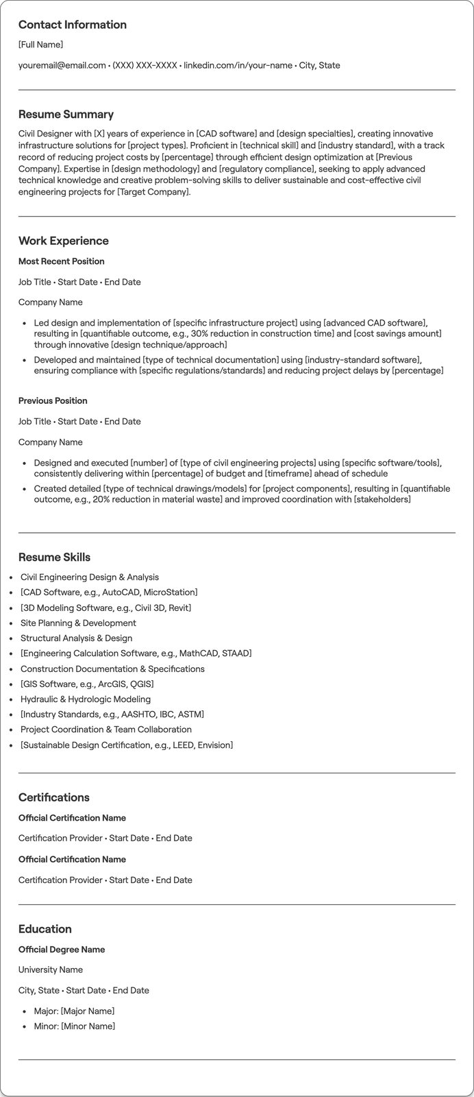 Civil Designer resume example