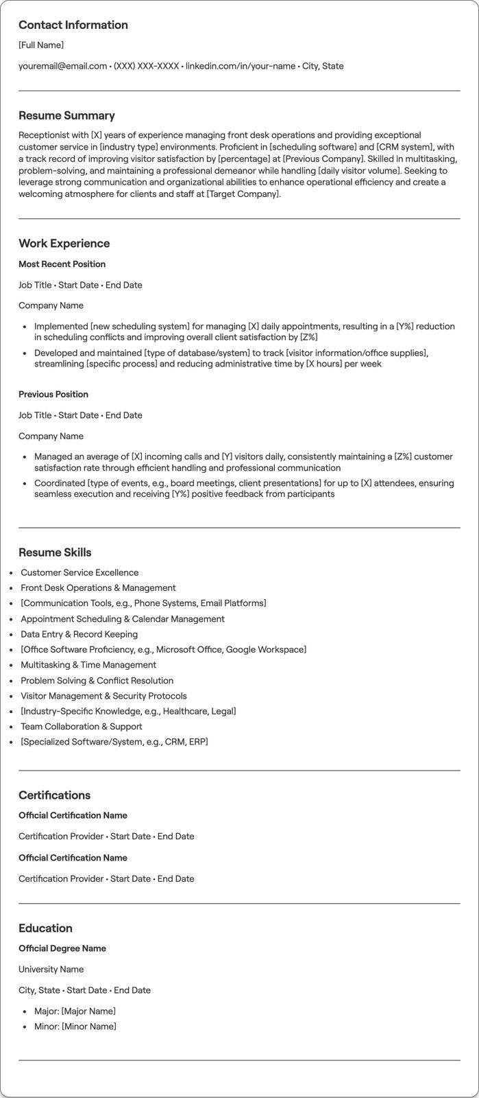 Receptionist resume example
