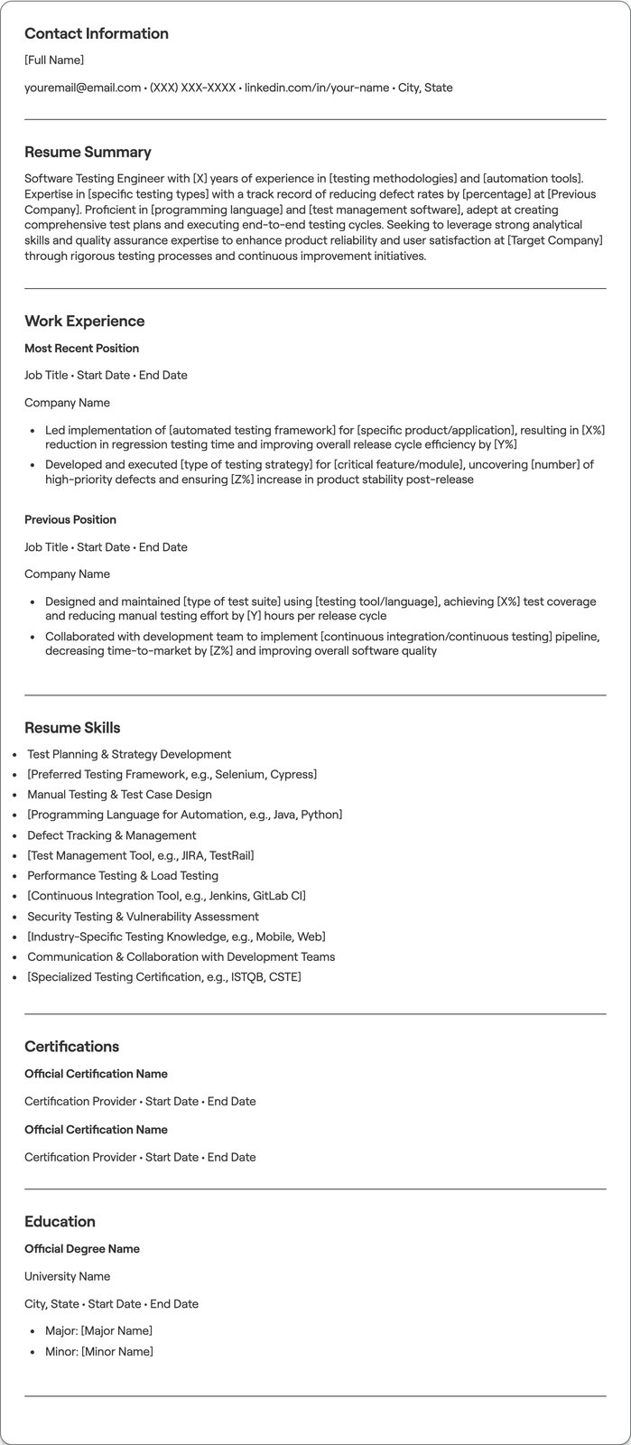 Software Testing Engineer resume example