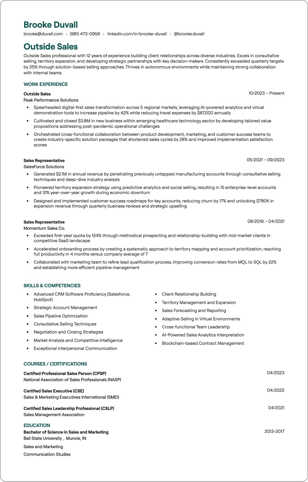 Outside Sales Representative resume example