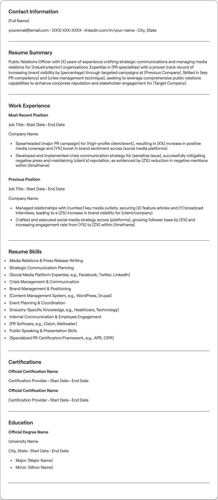 Public Relations Officer resume example