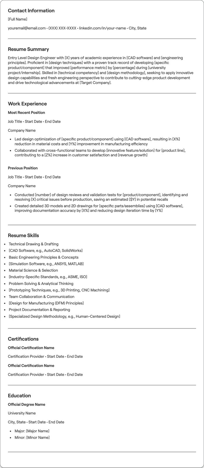 Entry Level Design Engineer resume example