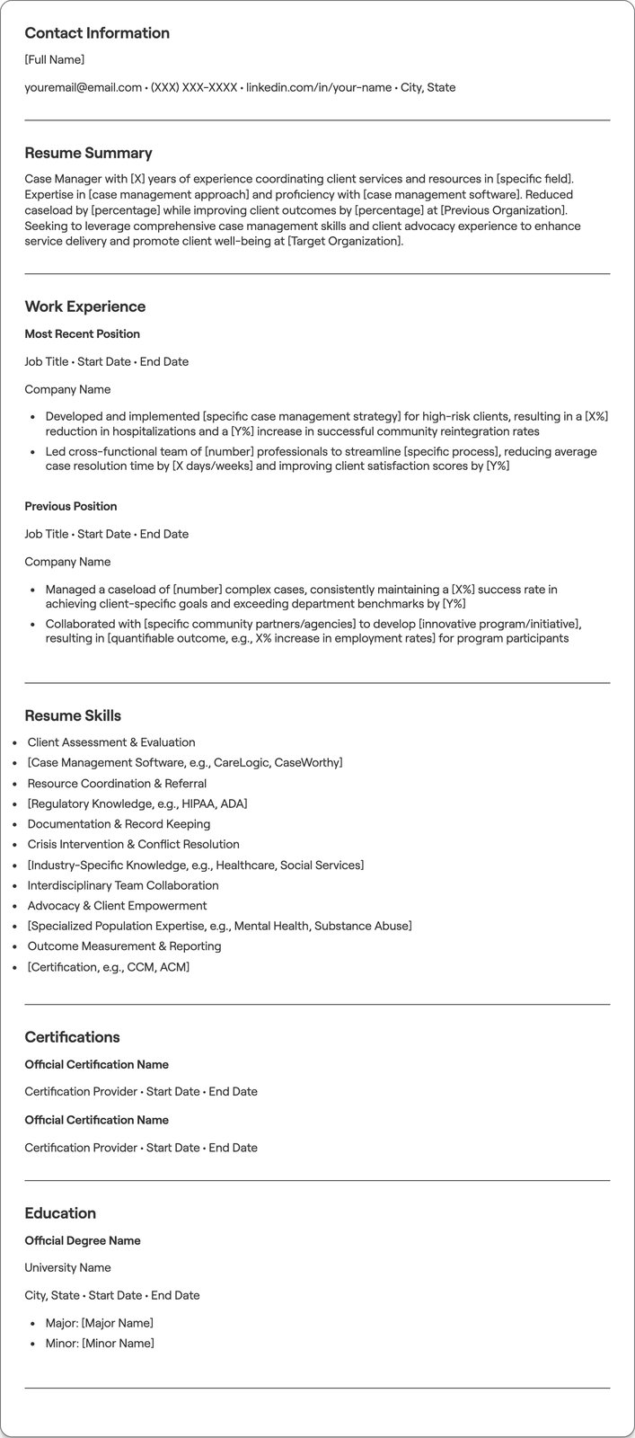 Case Manager resume example