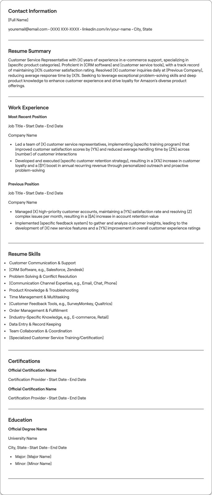 Amazon Customer Service resume example