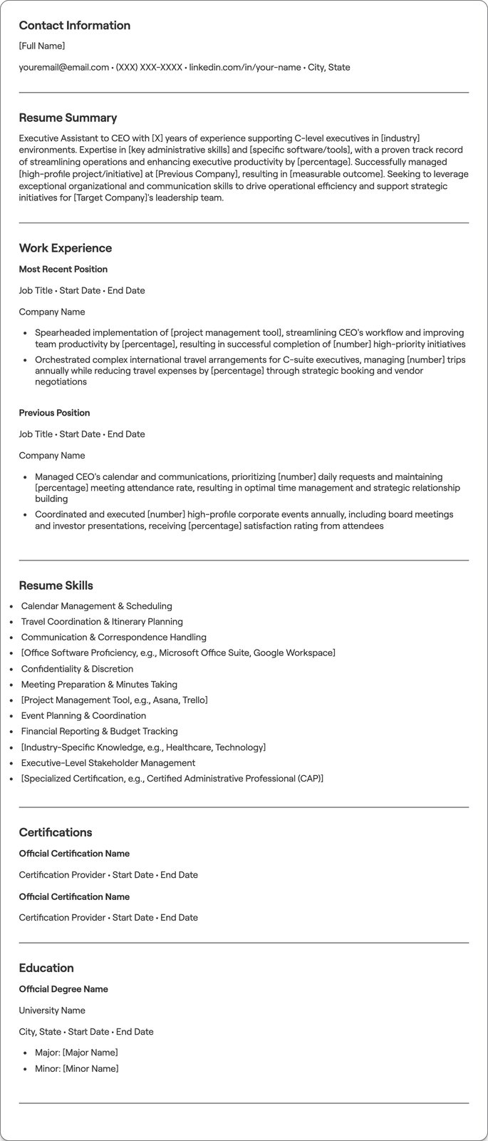 Executive Assistant to CEO resume example