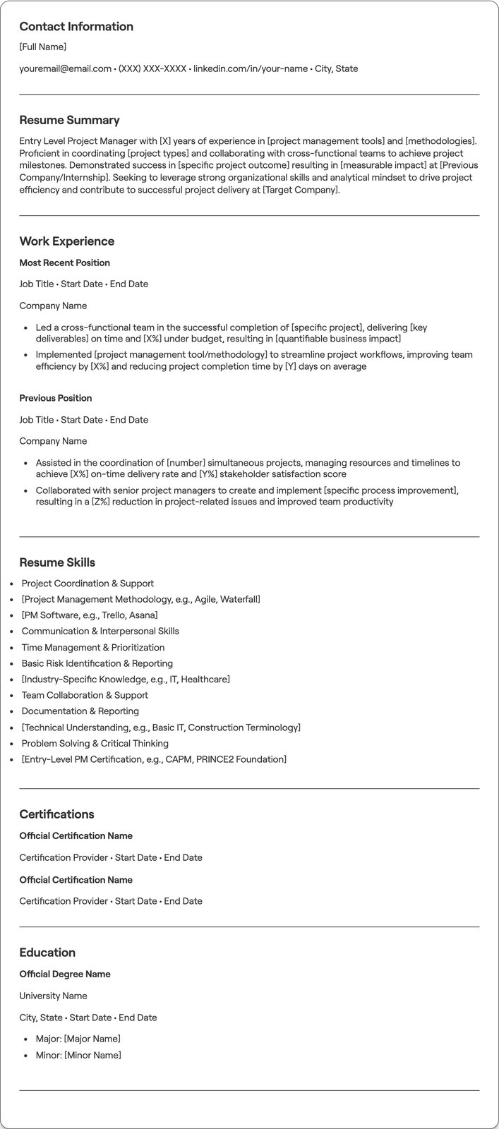 Entry Level Project Manager resume example