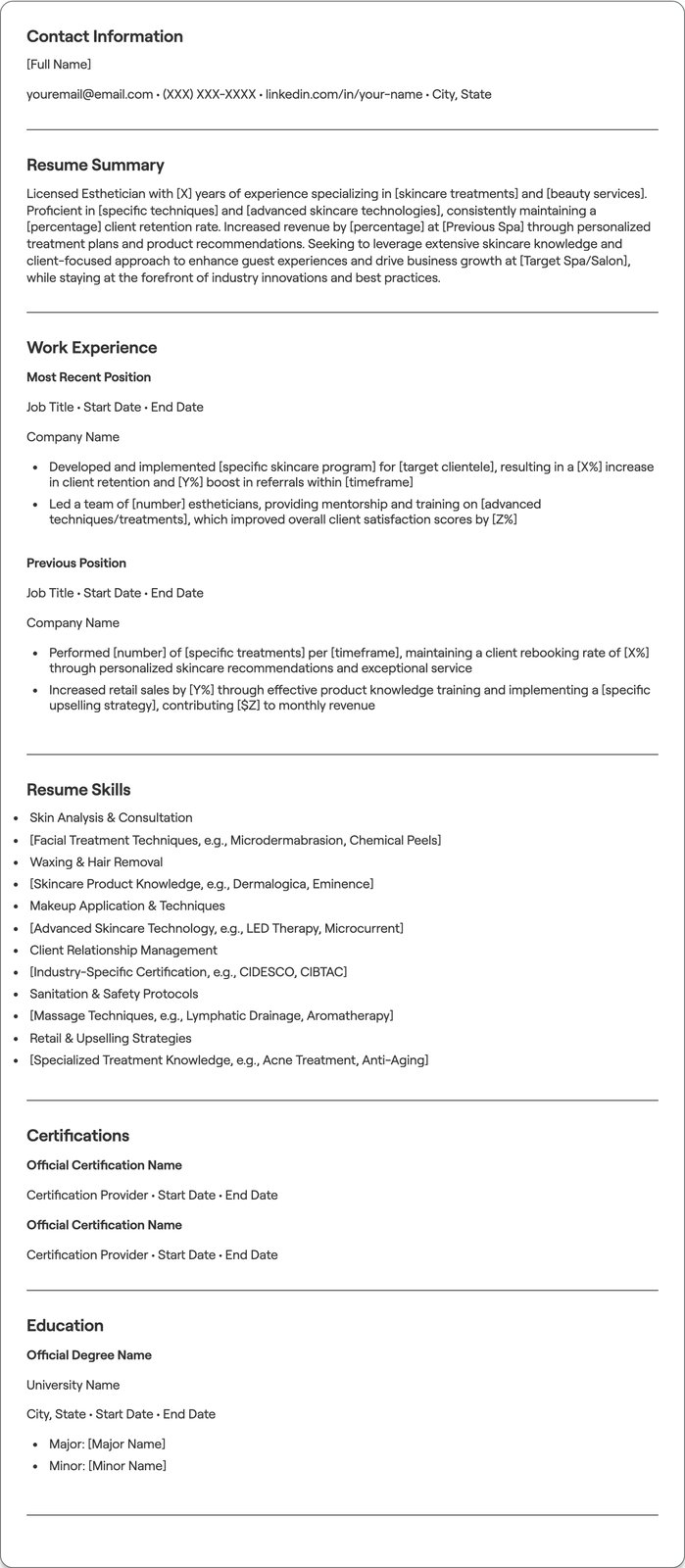 Esthetician resume example
