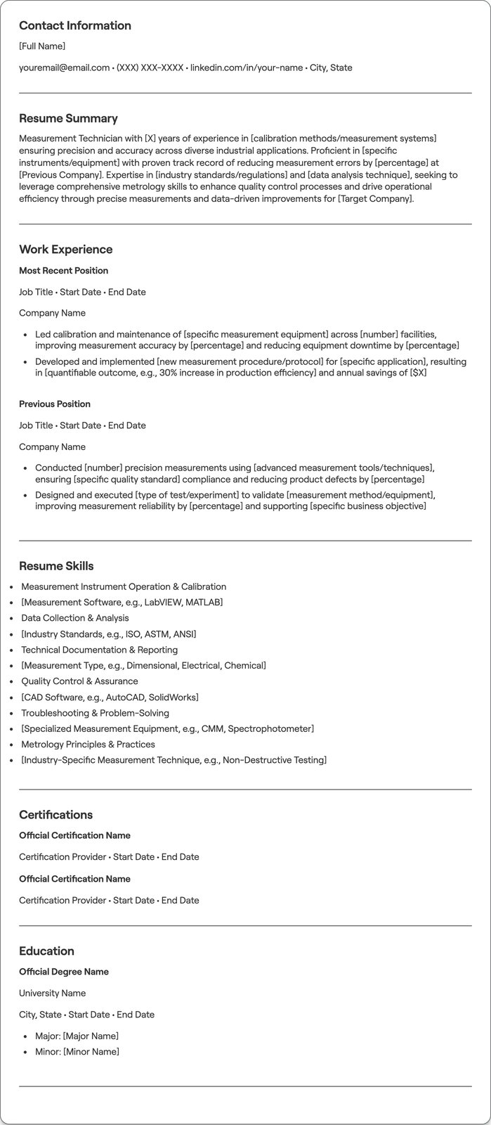 Measurement Technician resume example