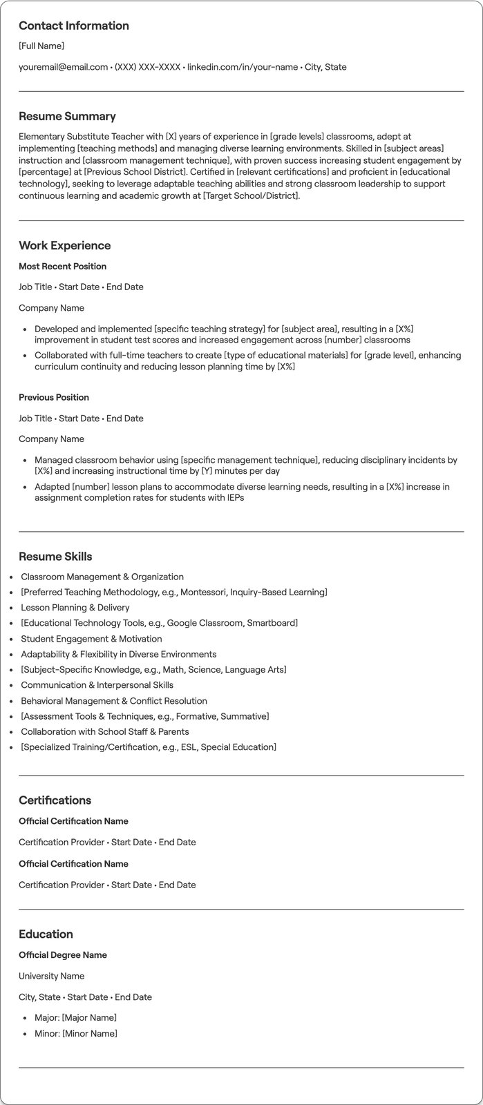 Elementary Substitute Teacher resume example