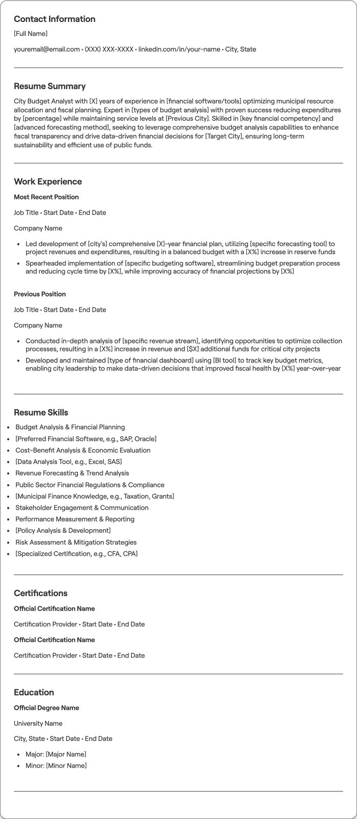 City Budget Analyst resume example