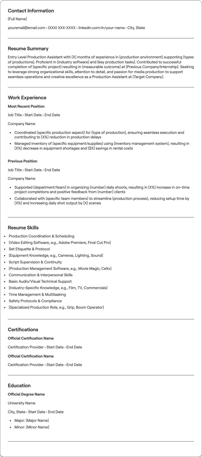 Entry Level Production Assistant resume example