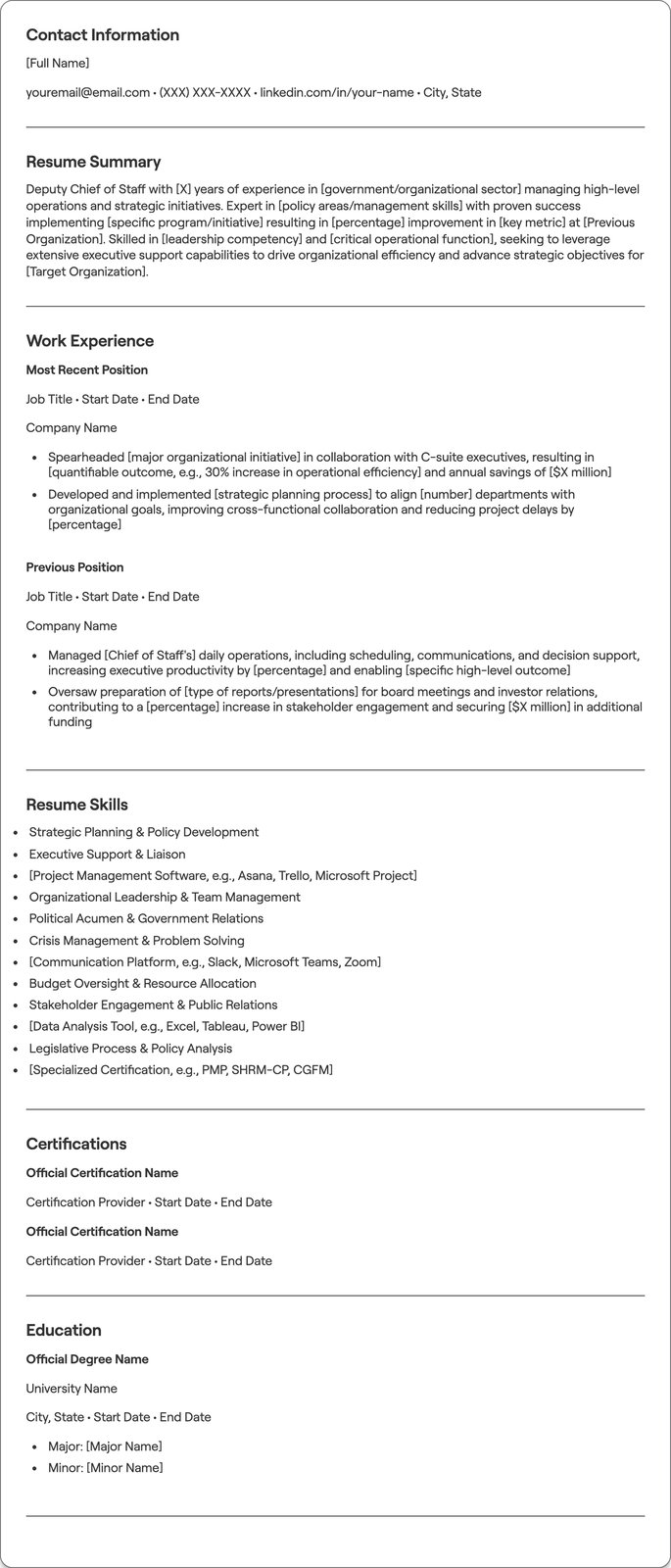 Deputy Chief of Staff resume example