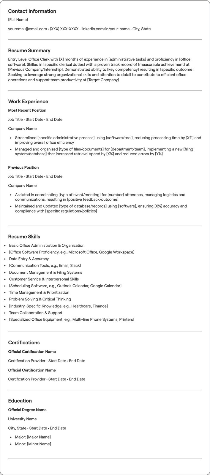 Entry Level Office Clerk resume example