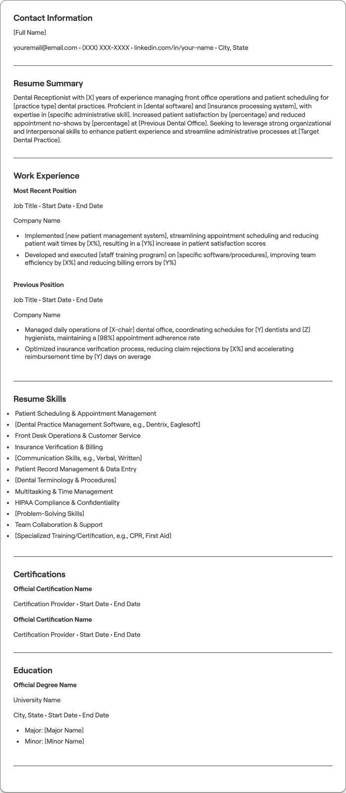 Dental Receptionist resume example