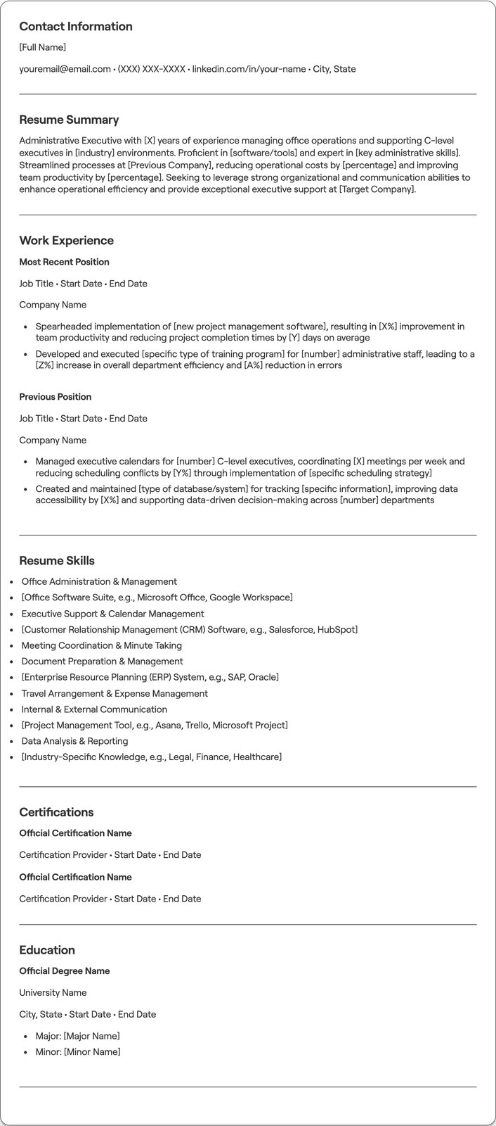 Administrative Executive resume example