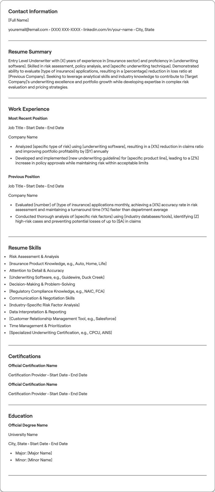 Entry Level Underwriter resume example
