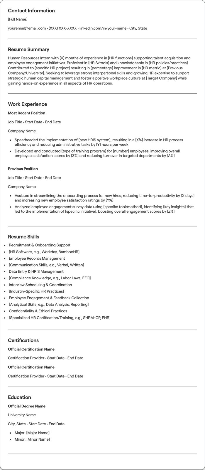 Human Resources Intern resume example