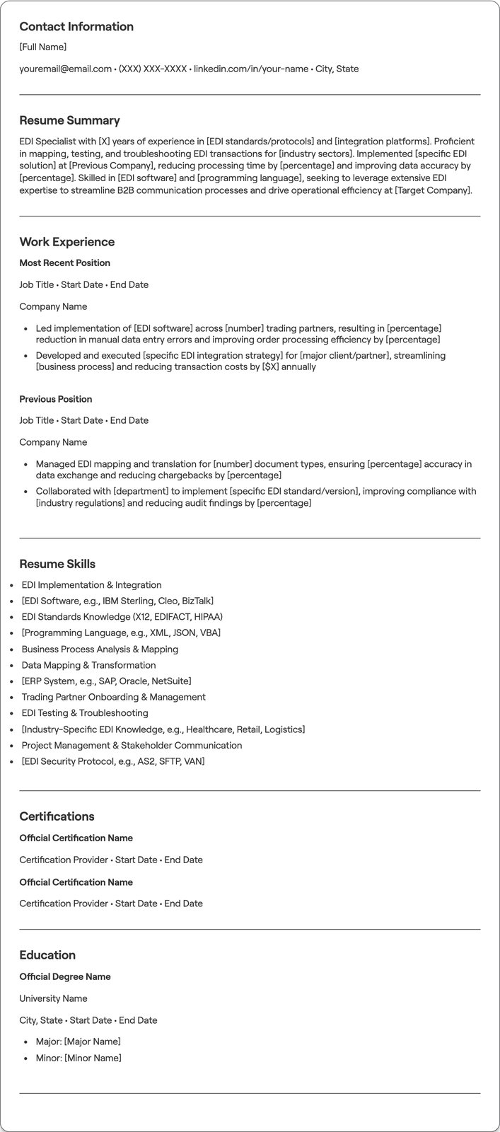 EDI Specialist resume example