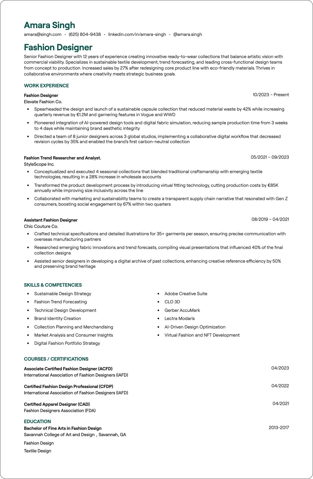 Fashion Designer resume example
