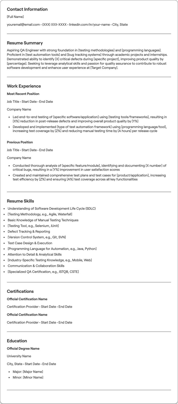 Fresher QA resume example