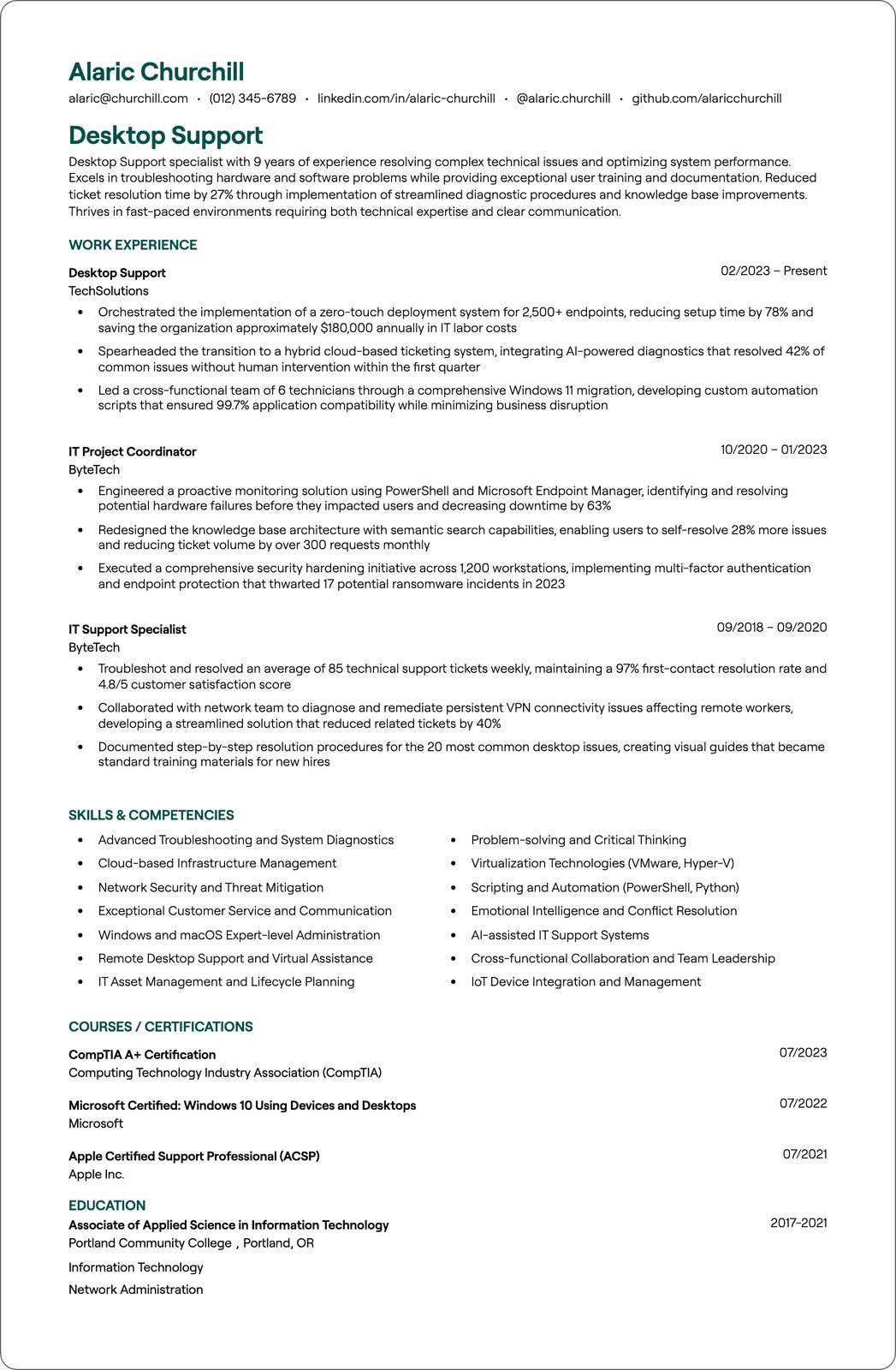 Desktop Support Technician resume example