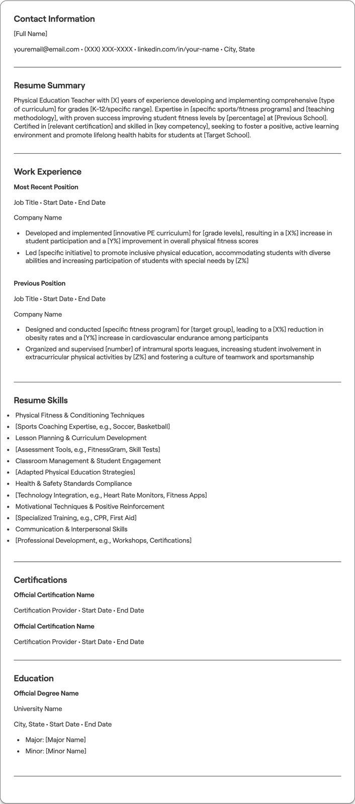 Physical Education Teacher resume example