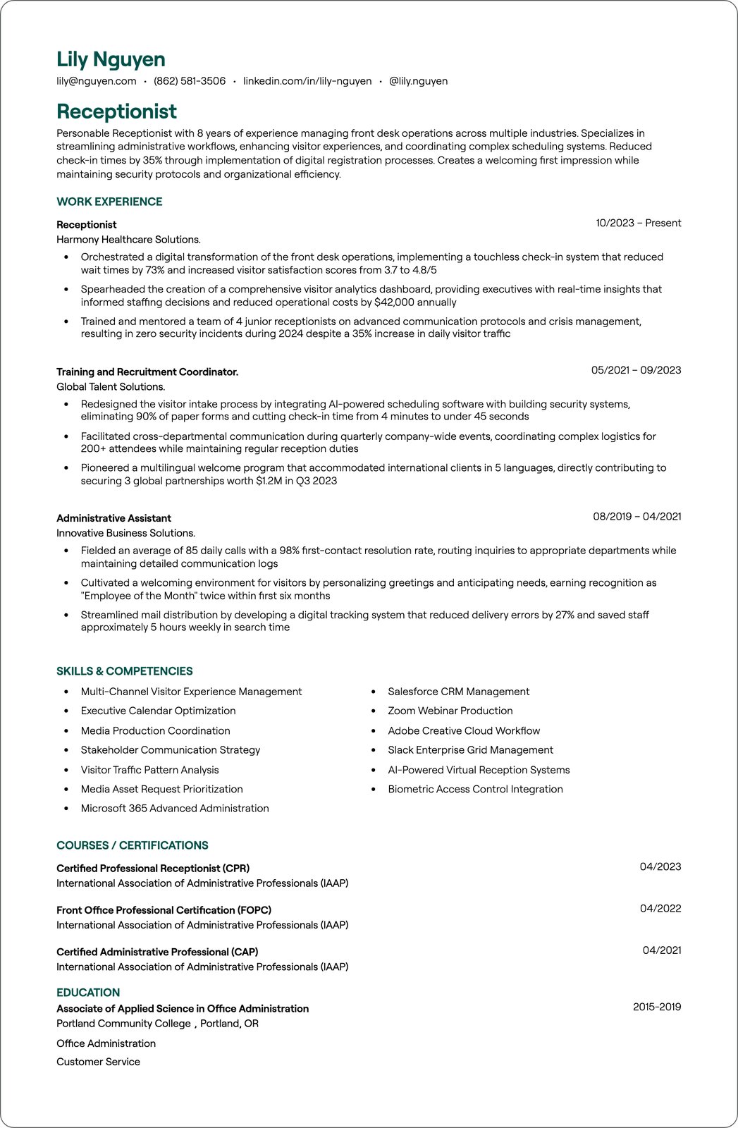 Entry Level Receptionist resume example