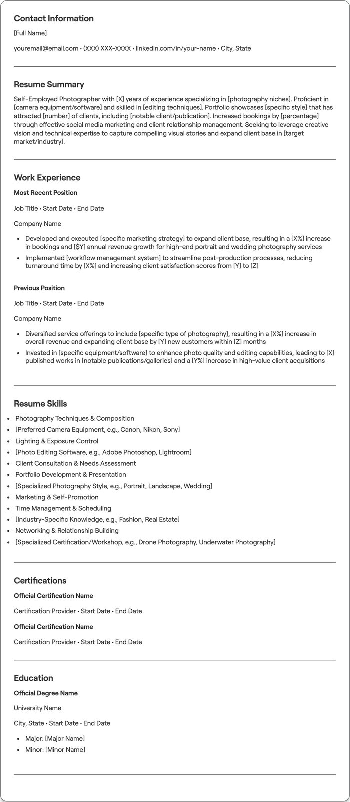 Self Employed Photographer resume example