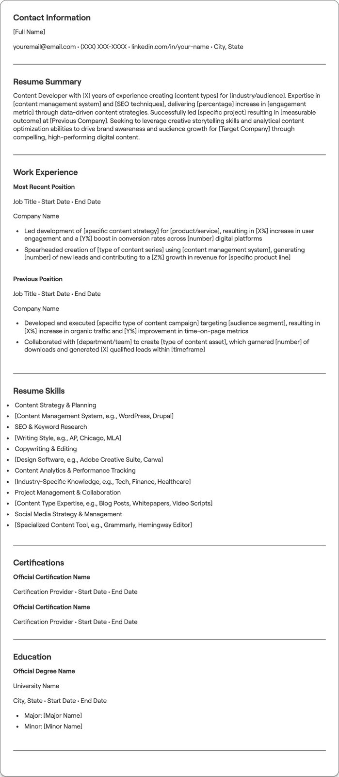 Content Developer resume example