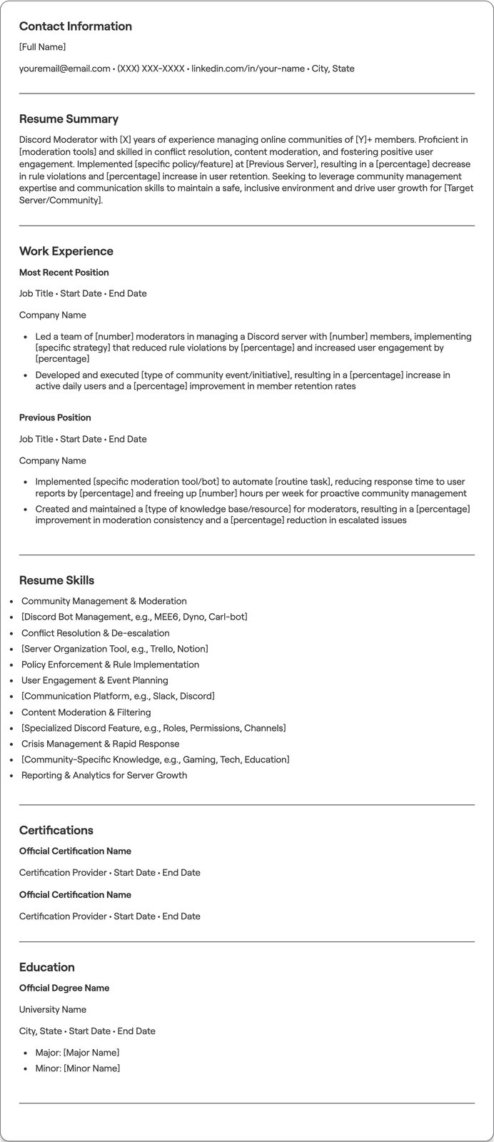 Discord Moderator resume example