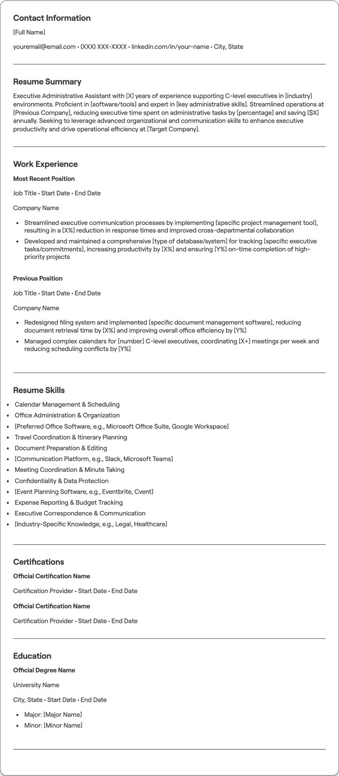 Executive Administrative Assistant resume example