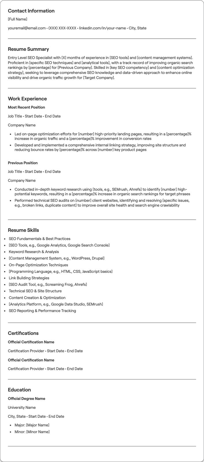 Entry Level SEO Specialist resume example