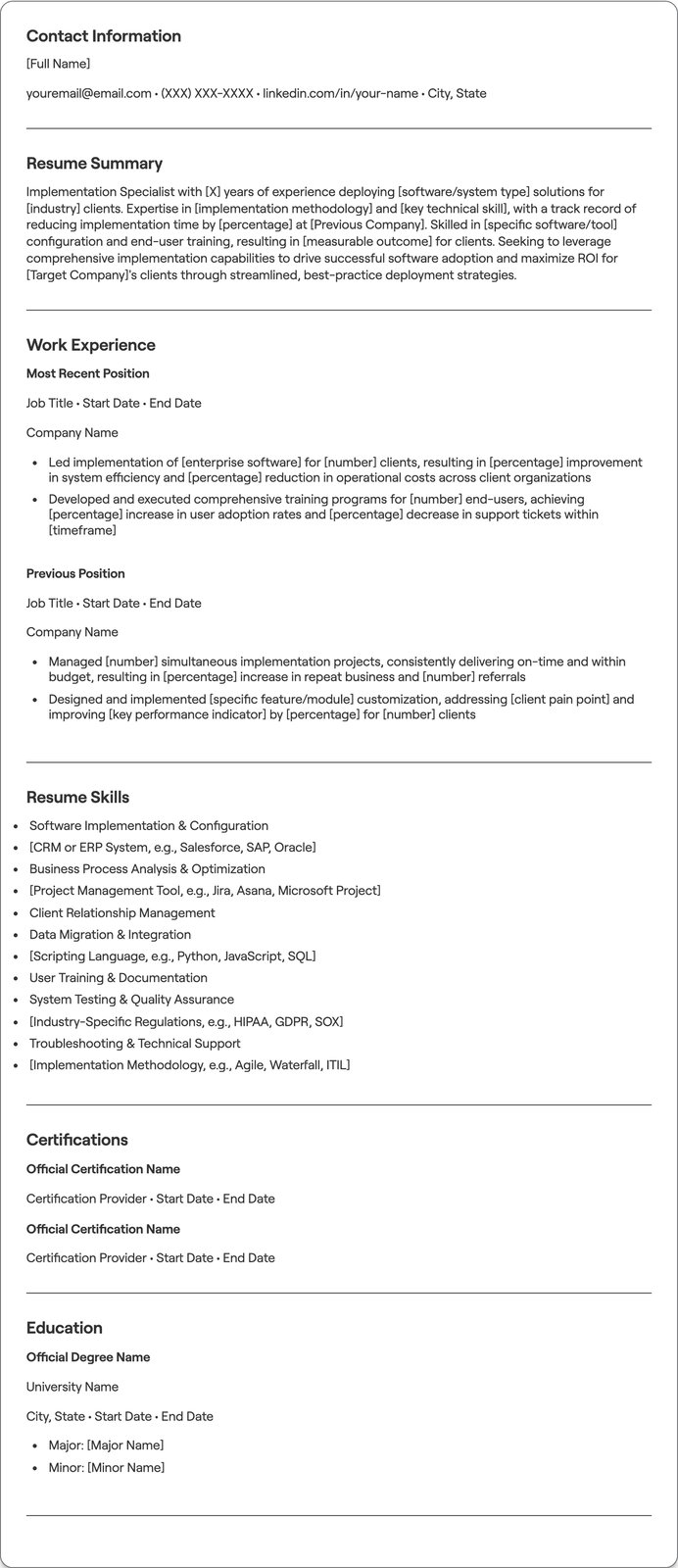 Implementation Specialist resume example