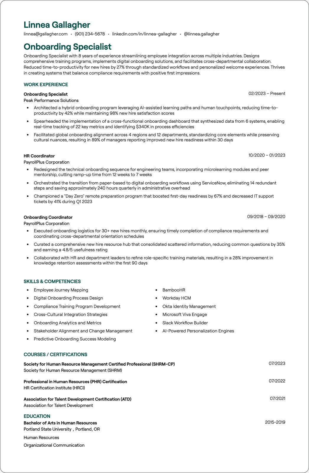 Onboarding Manager resume example