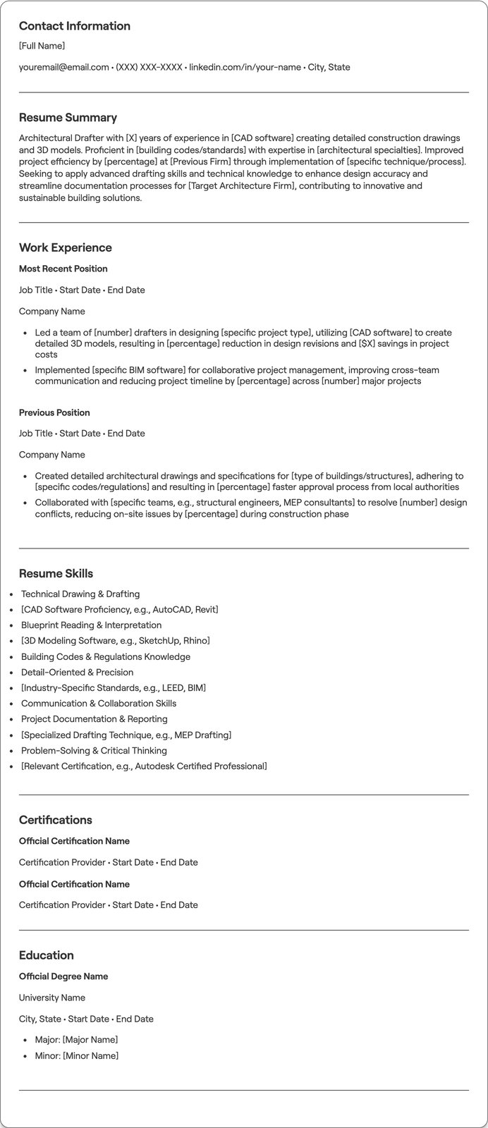 Architectural Drafter resume example